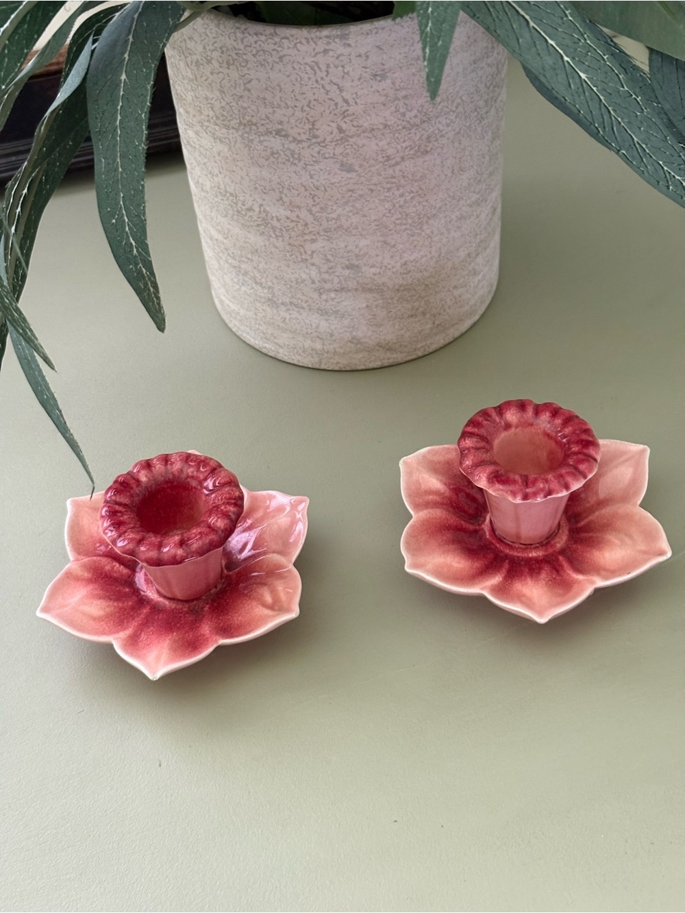 Vintage Flower Ceramic Candle Holders - Pink Red Pair